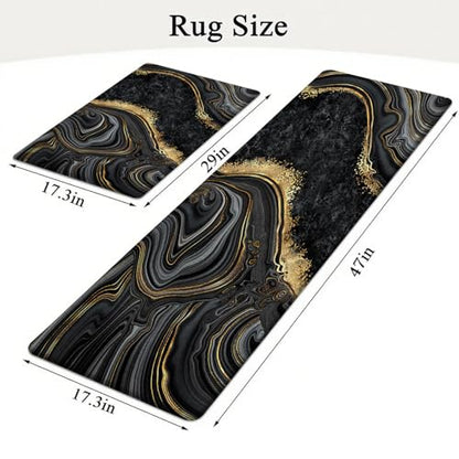 Kitchen Mats Set of 2, Cushioned Anti Fatigue Non Slip Waterproof Runner, Black Marble and Golden Veins Design, PVC Memory Foam for Kitchen Sink and Laundry - color: Black Marble 2