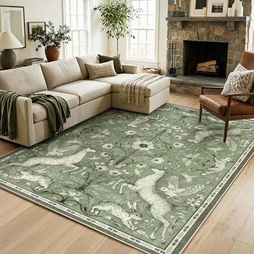 Lahome 6x9 Washable Area Rug for Living Room, Woodland Deer Boho Animal Rug, Vintage Botanical Green Non-Slip Low Pile Large Carpet for Bedroom Dining Room Nursery Farmhouse Decor - color: Green, size: 6' x 9' (Rectangular)