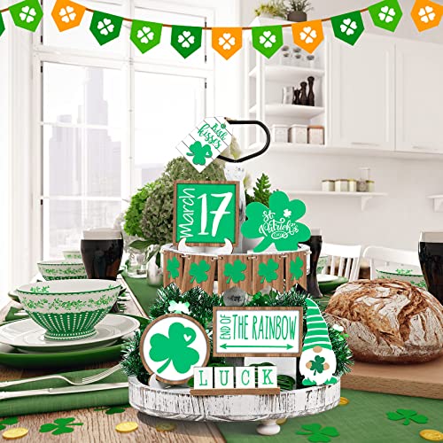 Jetec 12 Pcs St. Patricks Day Tiered Tray Decor Trefoil Shamrocks Wooden Gnomes Green Lucky Shamrocks Tiered Trays Table Signs for Irish Party St. Patrick's Day Tree Decorations - style: Trefoil