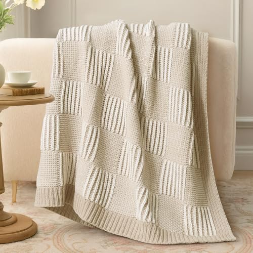 Amélie Home Checkered Chenille Knit Throw Blanket for Couch, Beige 50"x60" - color: Checkered Beige, size: 50" X 60"