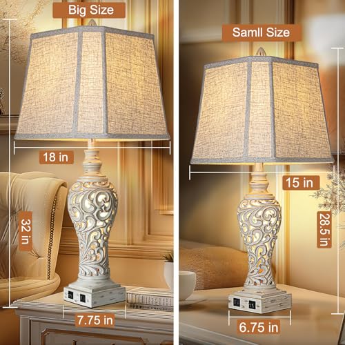 LuxSight Collection 32" Table Lamp Set of 2 with Nightlight and 2 USB Ports - color: Cream-Set of 2, size: 32 inch