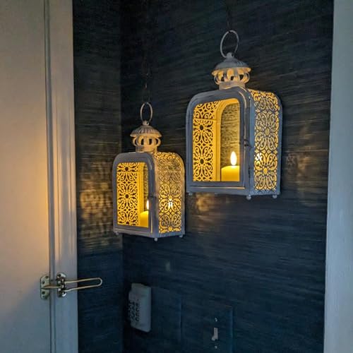 Candle Lantern Decorative Indoor & Outdoor, Vintage Metal Lanterns with Clear Glass, Tabletop&Hanging Candle Holders for Patio Front Porch Home Decor, Halloween Christmas Decorations (White) - color: White