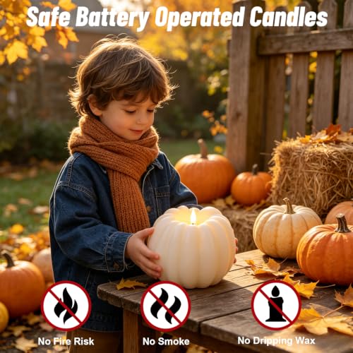Wondise Fall Decorations Real Wax Pumpkin Candles with Remote Timer - color: 2-White