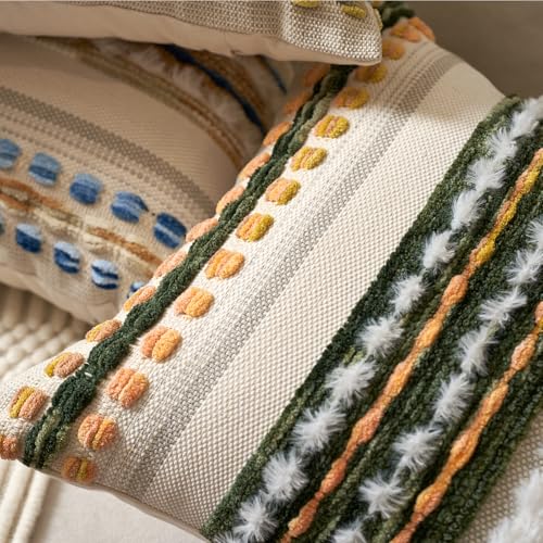 Aeckself Boho Chenille Tufted Throw Pillow Covers 18x18 Inch Set of 2, Farmhouse Decorative Striped Square Pillow Covers Accent Neutral Pillowcase for Living Room Couch Bed, Green - color: Green White