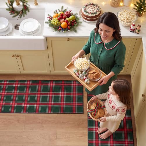 Dunzy 2 Pcs Red & Green Plaid Kitchen Mats Non-Slip Washable Runners - color: Red & Green