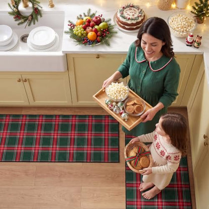 Dunzy 2 Pcs Red & Green Plaid Kitchen Mats Non-Slip Washable Runners - color: Red & Green