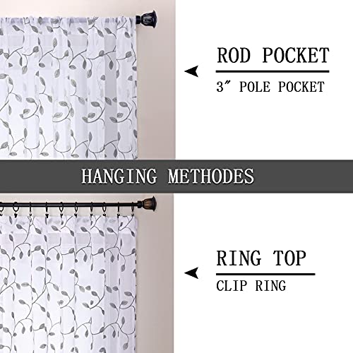 Tollpiz Leaves Sheer Tier Curtain Grey Leaf Embroidery Kitchen Half Curtains Rod Pocket Voile Faux Linen Embroidered Leaves Curtain for Bathroom, 30 x 36 inches Long, Set of 2 Panels - color: Grey, size: 30"W x 36"L (Pack of 2)