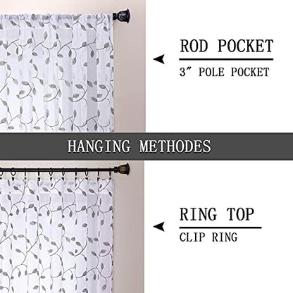 Tollpiz Leaves Sheer Tier Curtain Grey Leaf Embroidery Kitchen Half Curtains Rod Pocket Voile Faux Linen Embroidered Leaves Curtain for Bathroom, 30 x 36 inches Long, Set of 2 Panels - color: Grey, size: 30"W x 36"L (Pack of 2)