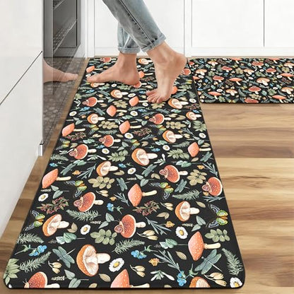 Kitchen Rugs for Floor 2 Pcs Memory Foam Padded Anti Fatigue Kitchen Mat - color: Black Mushroom