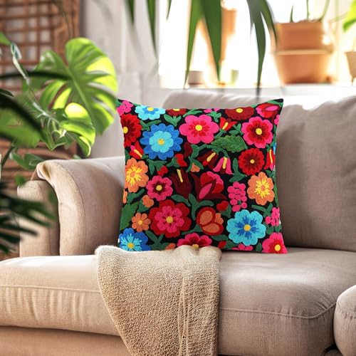 HunnmingRe Mexican Embroidered Flower Throw Pillow with Insert, Black - color: Black