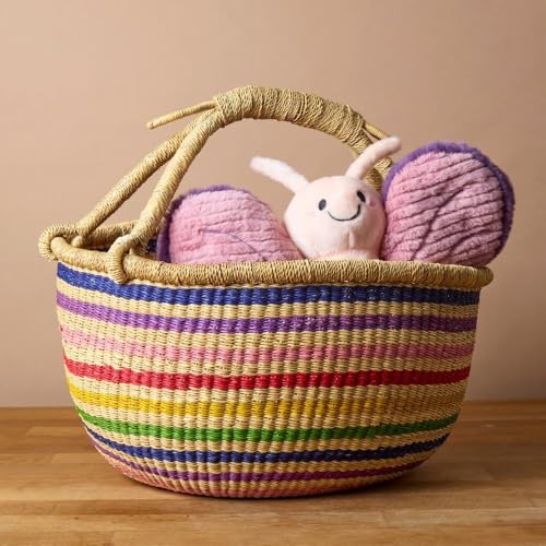 Large Rainbow Bolga Basket with Handle, African Woven Wicker Basket - color: Multicolor Stripes