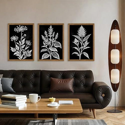 AVECCO 3 Pieces Black White Botanical Wall Art Canvas Framed 16x24 Inch - color: Dark, size: 24"L x 16"W