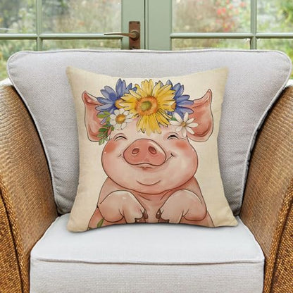 Fahrendom Farm Animals Decorative Throw Pillow Covers 18 x 18 Set of 4 - color: Pig Cow