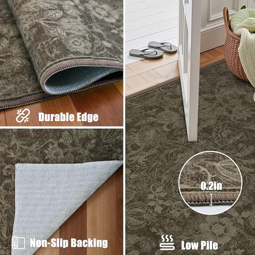 Deerly Floral Hallway Runner Rug 2x6, Washable Kitchen Rug Non Slip, Coffee - color: Coffee, size: 2'x6'