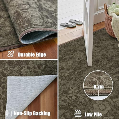 Deerly Floral Hallway Runner Rug 2x6, Washable Kitchen Rug Non Slip, Coffee - color: Coffee, size: 2'x6'