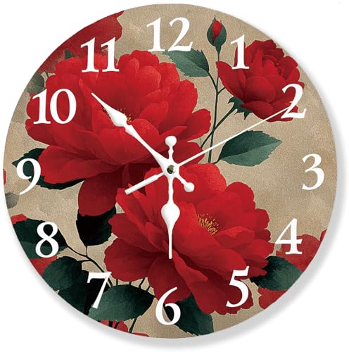 Red Roses Blossoming Silent Non Ticking Wall Clock 12 Inch, Battery Operated, Red Flowers Round Wood Wall Clocks, Decorative for Living Room, Kitchen, Bedroom, Bathroom, Gift of Love - color: Red Roses