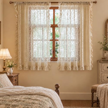 TUDECO Beige Lace Kitchen Curtains 45 Inch Length, Ruffle Trim, 2 Panels - color: Beige, size: 59"W x 45"L (Pack of 2)