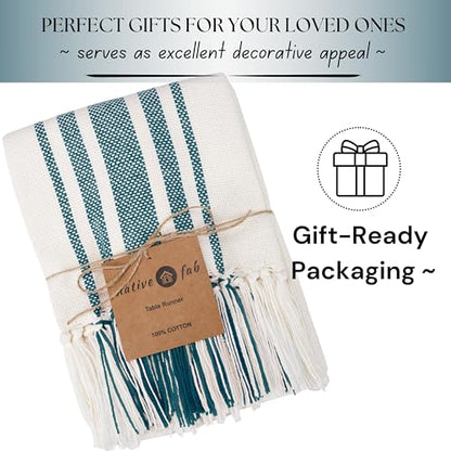 Native Fab Teal Table Runner 108 Inches Long - Boho Stripe Table Covers with Fringes - 100% Cotton, Tight Weave, Nonslip Tablerunner for Dining, Dresser, Wedding, Events - Teal Green (14x108 inches) - color: Green White, size: 14x108