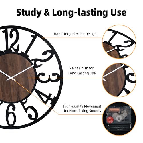 32" Silent Large Wall Clock – Glow Night Light, Battery Operated - color: Black Walnut - Arabic Numerals, size: 32 inch