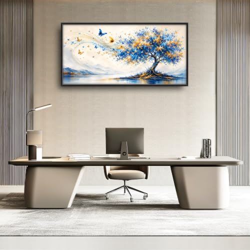 Voxlyra Large Framed Butterfly Tree Wall Art for Living Room 60'' × 30'' - color: Blue Tree