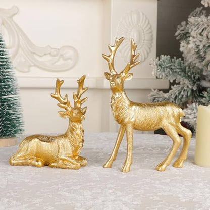 Lulu Home 2 Packs Gold Reindeer Figurines, Sitting & Standing - style: 2 Peers with Texture
