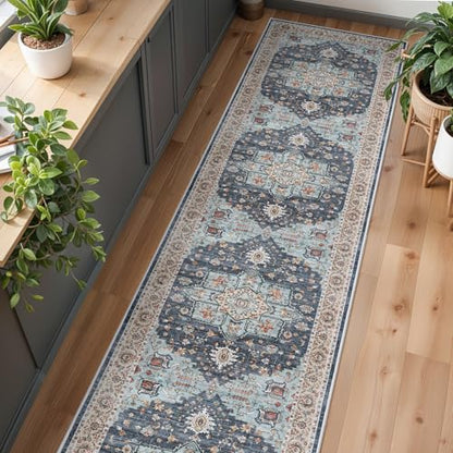3x16 Washable Kitchen Runners: Non Slip Runner Rugs with Rubber Backing - color: Blue/Teal/Orange, size: 3' x 16' (Rectangular)