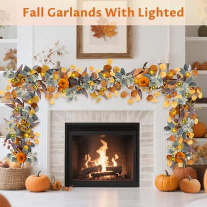 Fall Garland with Lights, 6FT Fall Leaves Garlands, Artificial Eucalyptus Garland with Pumpkins Berries for Home Mantle Fireplace Decor Thanksgiving Christmas Party Autumn Decoration (6FT)