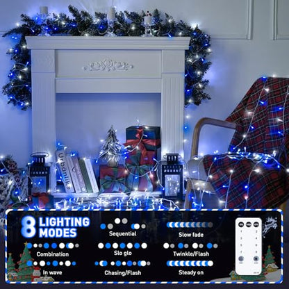 JMEXSUSS Connectable 100 LED Blue and White Christmas Lights with 8 Modes - color: Blue White, size: 100 LED