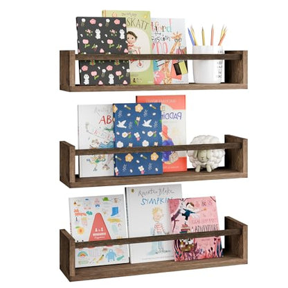 Fixwal Floating Nursery Book Shelves for Wall, 16.5 Inches, Set of 3, Brown - color: Brown, size: 16.5inches