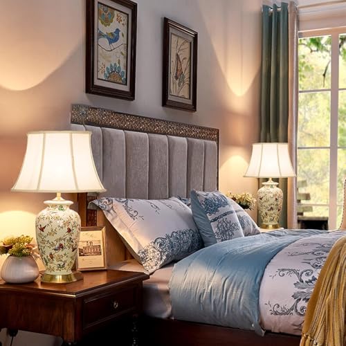White 27" Flower and Bird Ceramics Table Lamp Chinoiserie Desk Lamp,Fabric Drum Shade,Gold Base, Tall Table Lamp Decor for Living Room Bedroom Bedside Office College Bookcase