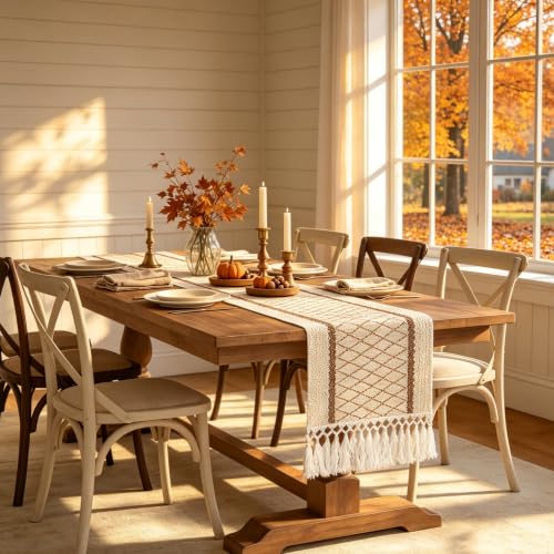 yuboo Fall Boho 72 Inches Table Runner, Modern Farmhouse Dresser Cover Top - color: Beige&cream, size: 72 inch