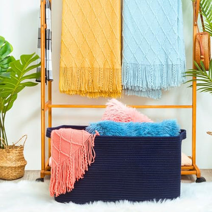 MINTWOOD Design 22in Extra Large Blanket Basket Holder Living Room, Rectangle Rope Woven Storage Basket with Handles for Laundry, Pool Towels, and Shoes, Dog Toy Organizer Bin Box, Full Navy - color: Full Navy Blue