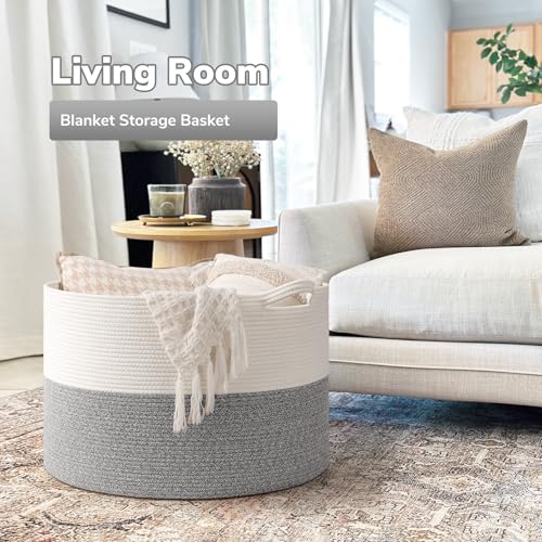 Goodpick Extra Large Woven Blanket Basket Living Room, Toy Bin,115L - color: Light Grey, size: 23.5x23.5x15.8 Inch (Pack of 1)