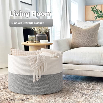Goodpick Extra Large Woven Blanket Basket Living Room, Toy Bin,115L - color: Light Grey, size: 23.5x23.5x15.8 Inch (Pack of 1)
