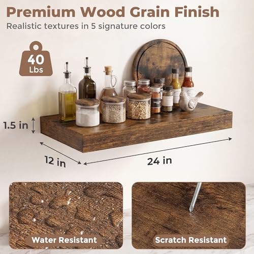 12 inch Deep Floating Shelves for Wall, 24" Wide, Rustic Brown, 2-Pack - color: Rustic Brown, size: 24"w x 12"d, 2p