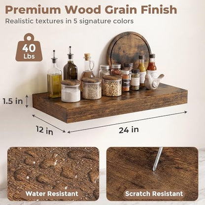 12 inch Deep Floating Shelves for Wall, 24" Wide, Rustic Brown, 2-Pack - color: Rustic Brown, size: 24"w x 12"d, 2p