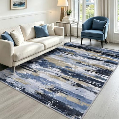 Abstract 5x7 Rugs Washable Living Room Area Rug Non Slip - color: Navy / Blue / Taupe, size: 5' x 7' (Rectangular)