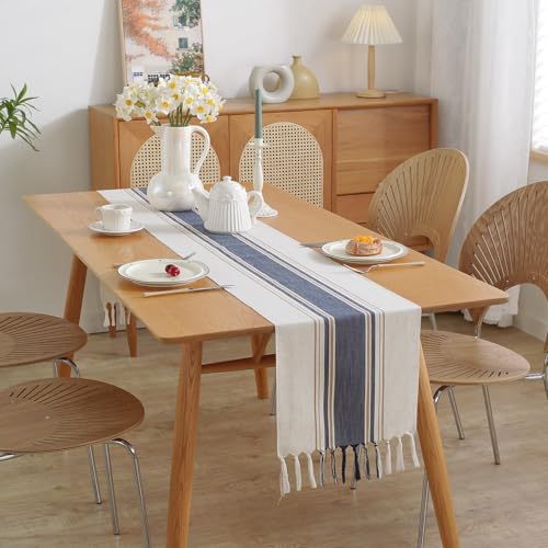 Niviy Blue Table Runner 36 Inches Long with Tassels, Seasonal Summer Washable Embroidered Striped Braided Blue and White Boho Table Runners for Holiday Party 12 x 36 Inches - color: Blue, size: 12 x 36 Inches