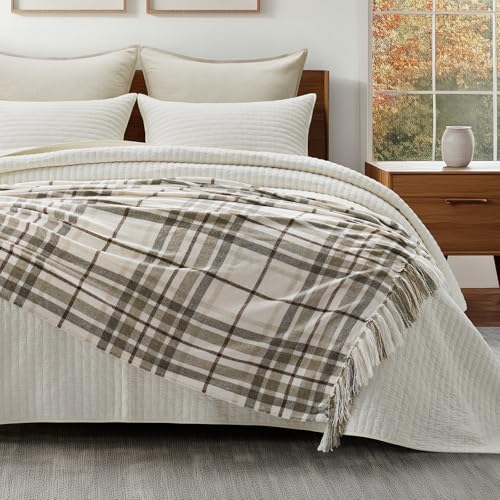 EverGrace Plaid Chenille Knit Throw Blanket for Couch, 60"x80", Beige - color: Plaid Beige & White, size: 60"x80"