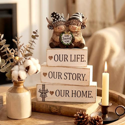 Yousoontic 4 Pcs Sweet Home Highland Cow Figurines, Rustic Farmhouse Decor - style: Home