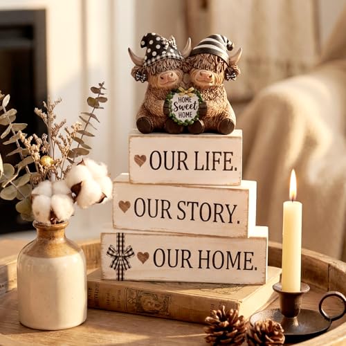 Yousoontic 4 Pcs Sweet Home Highland Cow Figurines, Rustic Farmhouse Decor - style: Home