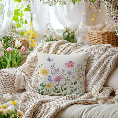 AACORS Spring Pillow Cover 16X16 Set of 2,Flower Butterfly Decorations Farmhouse Seasonal Summer Pillow Case Decor for Sofa Couch AA056-16-2 - size: 16" x 16" (Pack of 2)