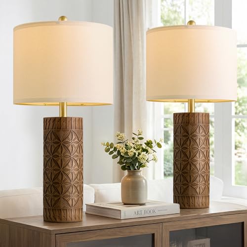 BOBOMOMO 27" Tall Table Lamps Set of 2, Modern Farmhouse Geometric Bedside Lamps, Rustic Wood Grain Resin Nightstand Lamps for Living Room, Bedroom, Entryway, Linen Shade, Cottage Home Decor - color: Antique Brown