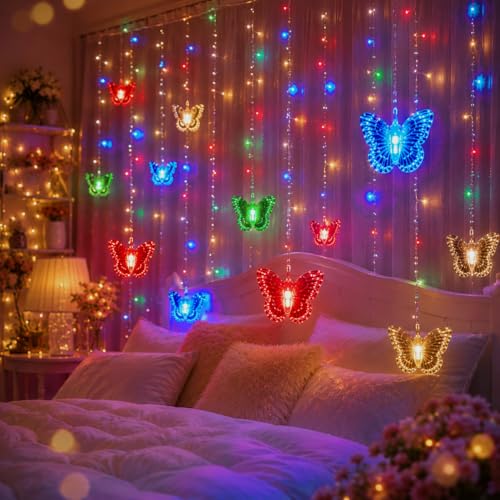 Butterfly Curtain Fairy Lights USB Plug in,8 Modes 120 LED 20FT Firefly Twinkle Timer String Lights with Remote, Waterproof for Bedroom Christmas Wedding Party (Multicolor) - color: Multicolor