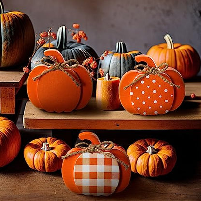 Thyle 3 Pcs Fall Wooden Pumpkin Decor Table Decorations, Orange, White