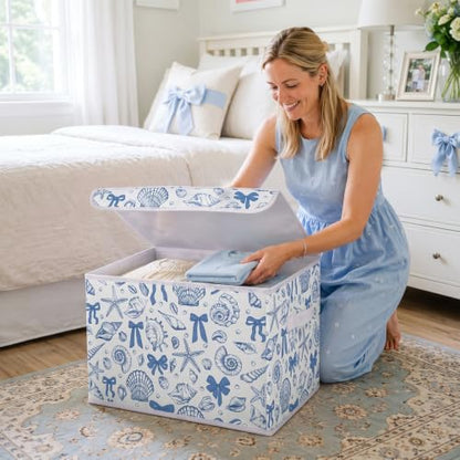 Briwooody Beach Storage Bin with Lid and Carrying Handle Coastal Blue Bow Seashell Foldable Storage Box Summer Bachelorette Party Decorative Collapsible Container Basket for Closet Home Bedroom Gift - style: Blue Bow Seashell