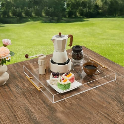 Large Clear Acrylic Serving Tray (16×18 Inches) with Gold Handles Spill Proof Acrylic Decorative Tray Organiser for Ottoman Coffee Table Countertop - size: 16x18 Inches