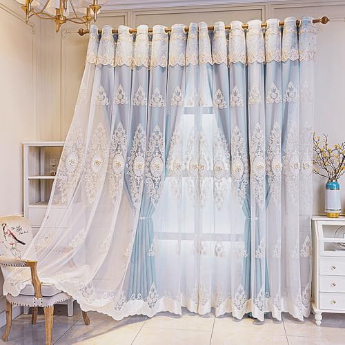 Amidoudou 1 Pair European Double Layer Curtains with Valance for Living Room Bedroom Luxury 3D Flower Embroidered Curtains (Blue,51x96 Inch) - color: Blue, size: 51"W x 96"L (Pack of 2)