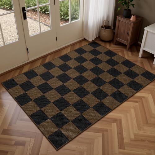 Rugalia Easy Jute Checkered Entryway Rug, 2.6x4 Coffee Modern Indoor Outdoor Doormat Non-Slip Washable Kitchen Rug, Neutral Farmhouse Checkerboard Throw Rugs for Entrance Bedroom Porch Patio - color: Coffee Checkered, size: 2.6' x 4' (Rectangular)