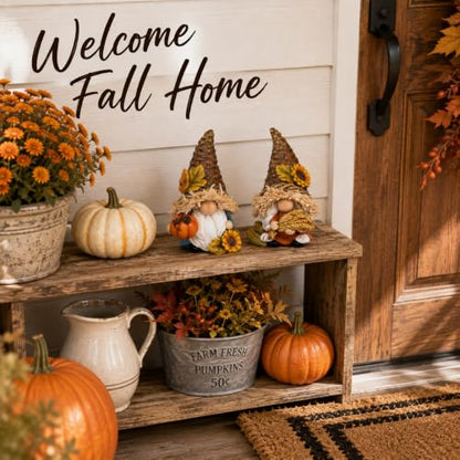 Hodao Thanksgiving Decor Harvest Elf Figurines with Pumpkin Sunflower - color: Brown-2 Pcs